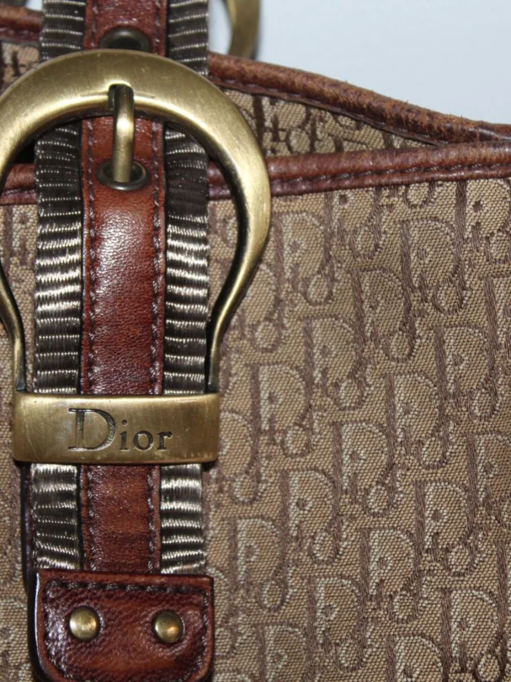 Christian Dior Vintage Trotter Canvas Tote Monogram  Brown Buckle Shoulder Bag